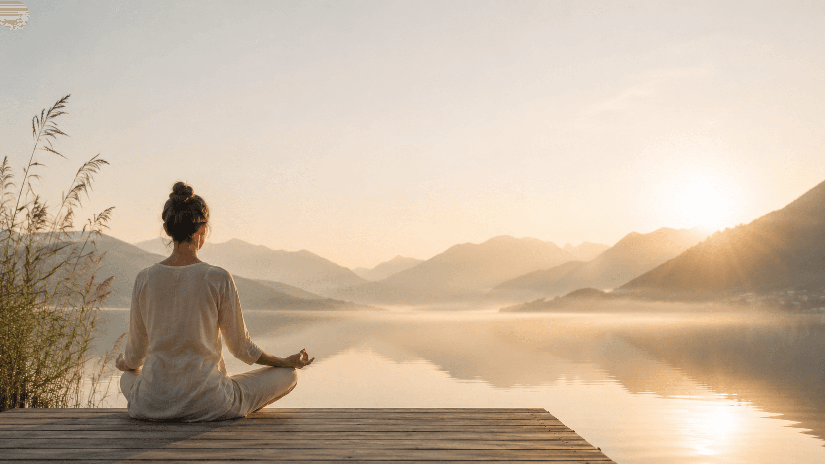 Méditation au lever du soleil, paysage de montagne et lac